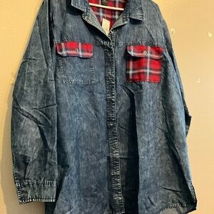Denim Shirt with Red Plaid Accents